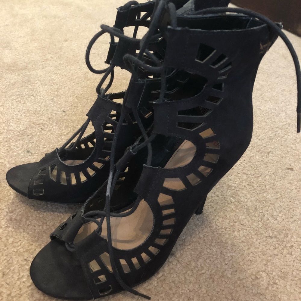 Lace Up Laser Cut Black Heels